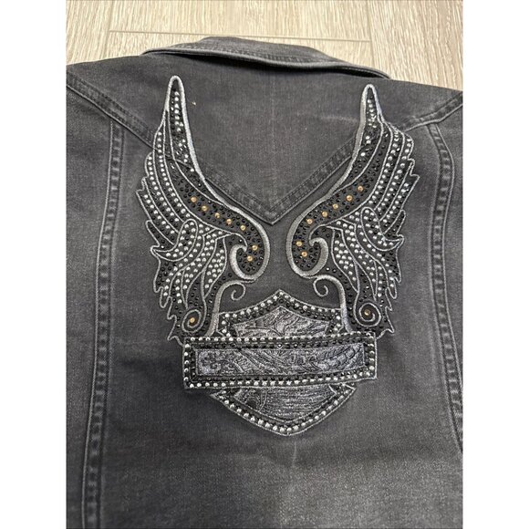 HARLEY DAVIDSON EMBROIDERED WINGED LOGO BLACK FULL ZIP DENIM VEST WOMEN'S SIZE M - Picture 3 of 12